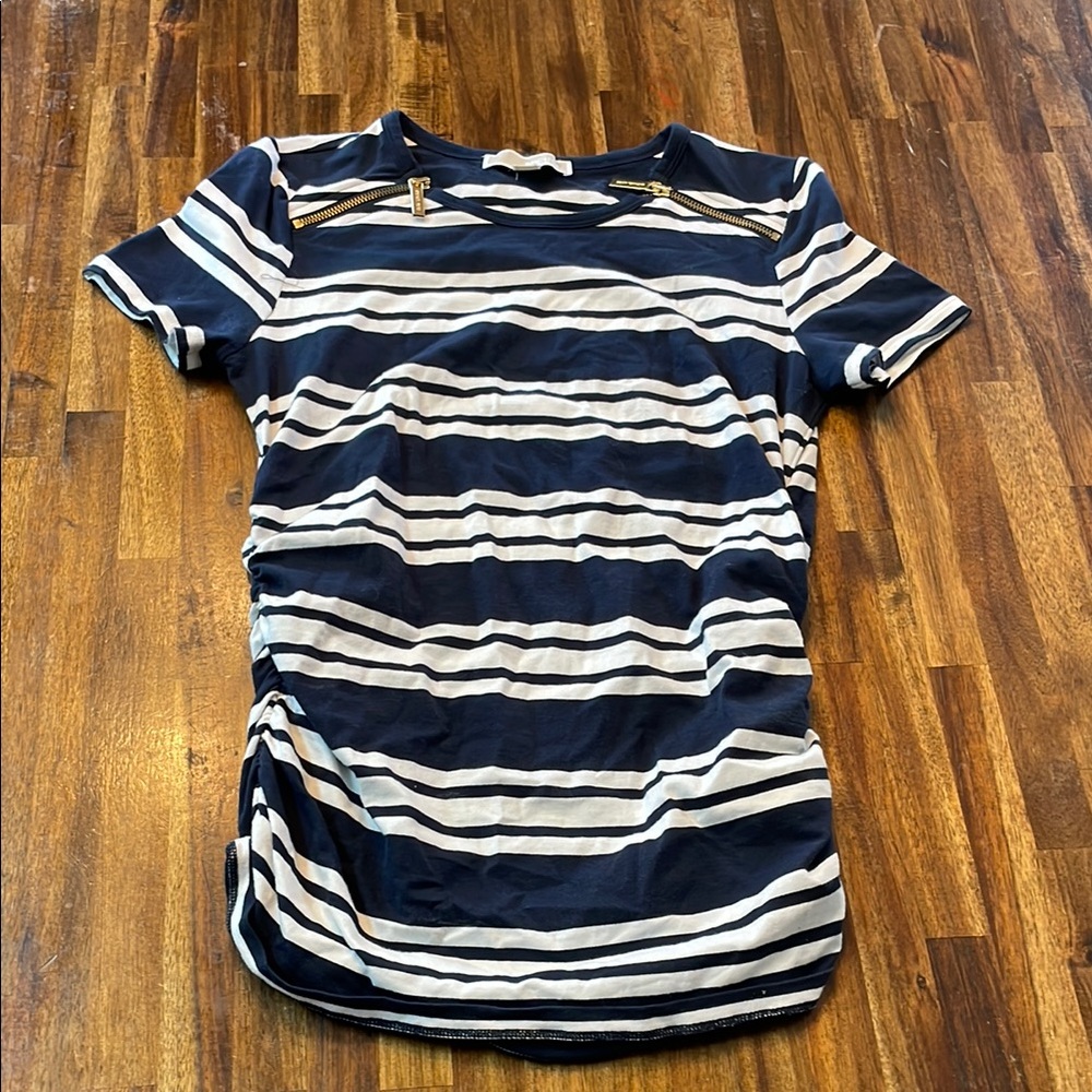 Michael Kors Blue and White Fitted Ribbed T-Shirt